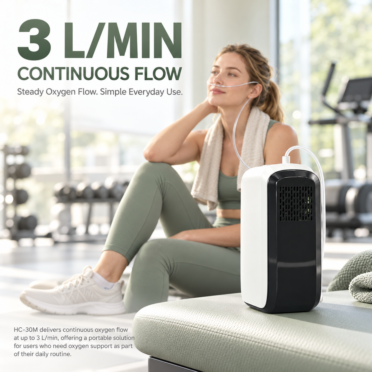 Lightweight 3L/min Continuous Flow Portable Battery Oxygen Concentrator with Carrying Bag HC-30M